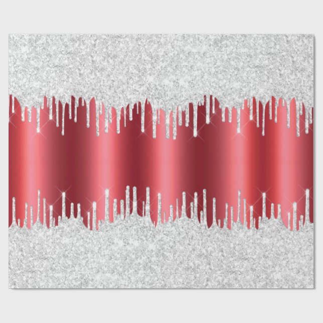 Christmas Metallic Red & Dripping Silver Glitter Wrapping Paper (Flat)