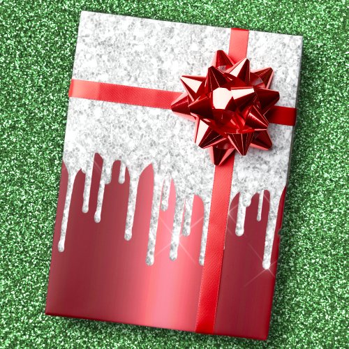 Christmas Metallic Red  Dripping Silver Glitter Wrapping Paper