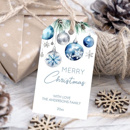 Christmas metallic silver blue baubles gift tags