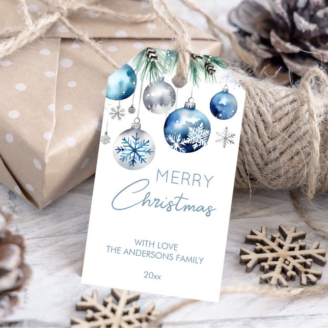 Christmas metallic silver blue baubles gift tags (Watercolor silver metallic blue baubles snowflakes personalized Christmas gift tags)