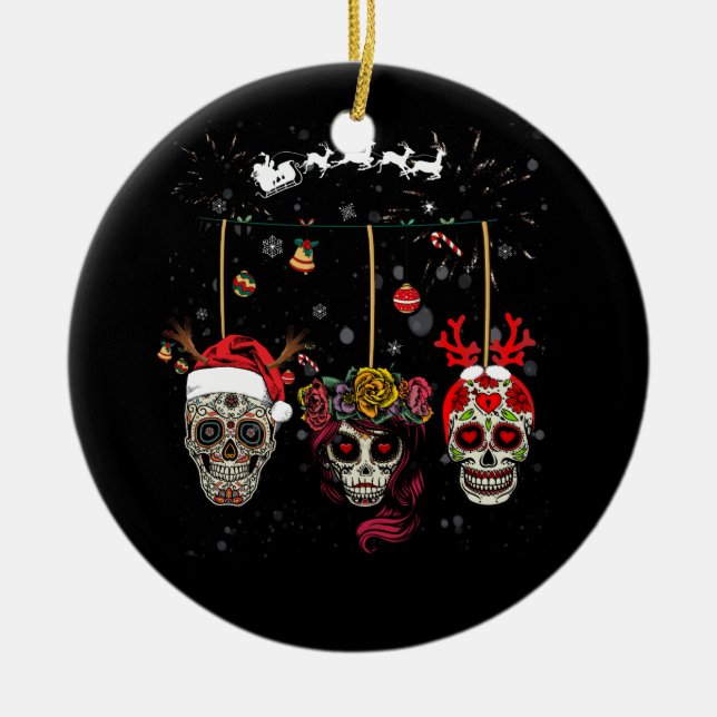 Christmas Mexican Flower Sugar Skull In Snow Xmas Ceramic Ornament (Front)