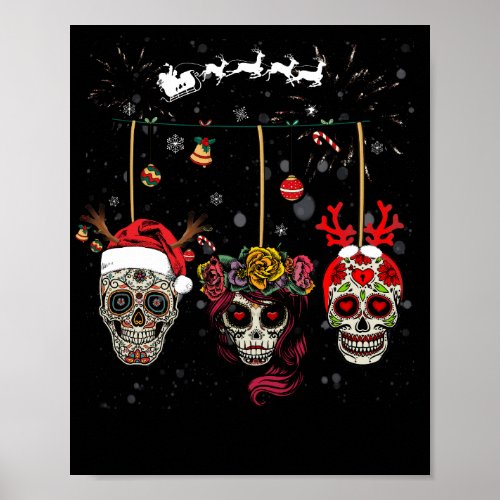 Christmas Mexican Flower Sugar Skull In Snow Xmas Poster