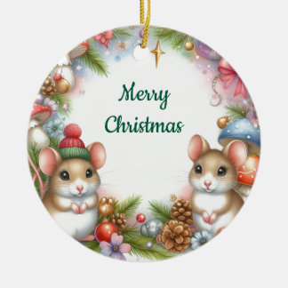 Christmas Mice and Mushrooms Whimsical  Ceramic Ornament