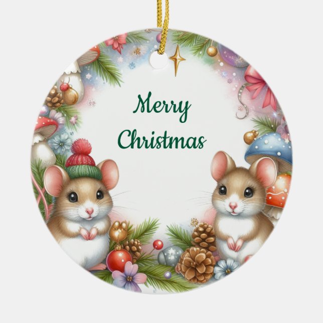 Christmas Mice and Mushrooms Whimsical  Ceramic Ornament (Front)
