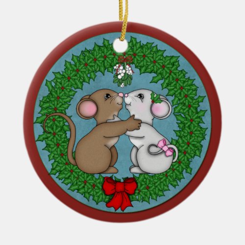 Christmas Mice under mistletoe Ceramic Ornament