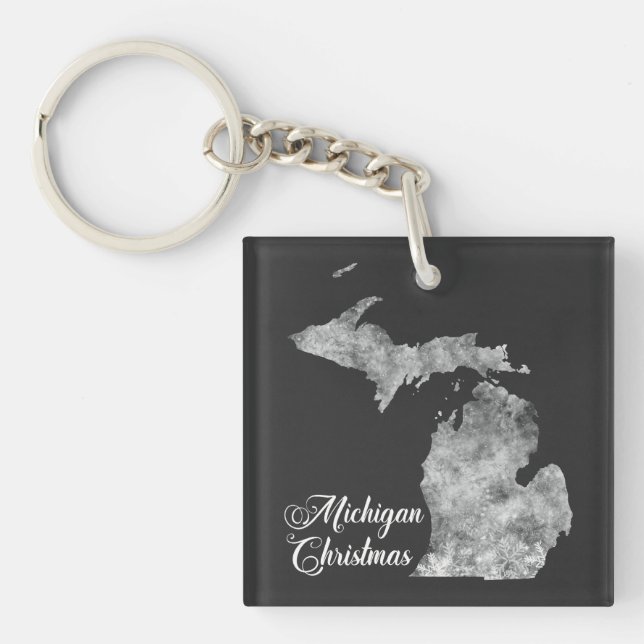 Christmas Michigan State Map Snowflakes Keychain (Front)