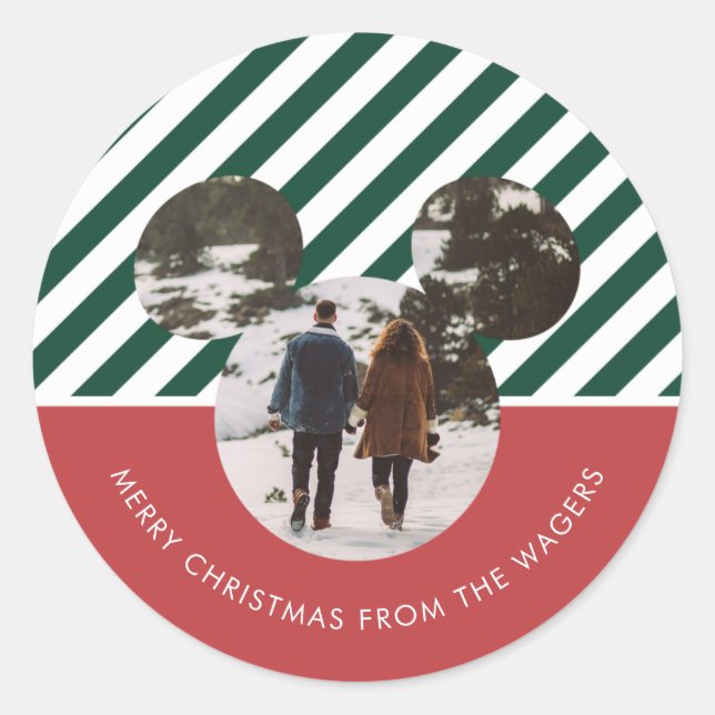 Christmas Mickey Mouse Red & Green Family Photo Classic Round Sticker (Front)