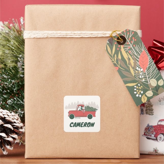 Christmas Mickey Mouse Vintage Truck | Add Name Square Sticker (Holiday)