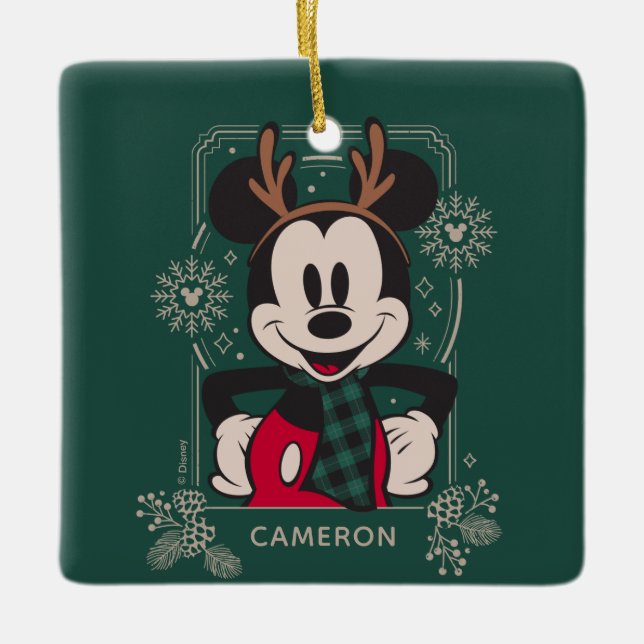 Christmas Mickey Mouse with Antlers Ceramic Ornament (Front)