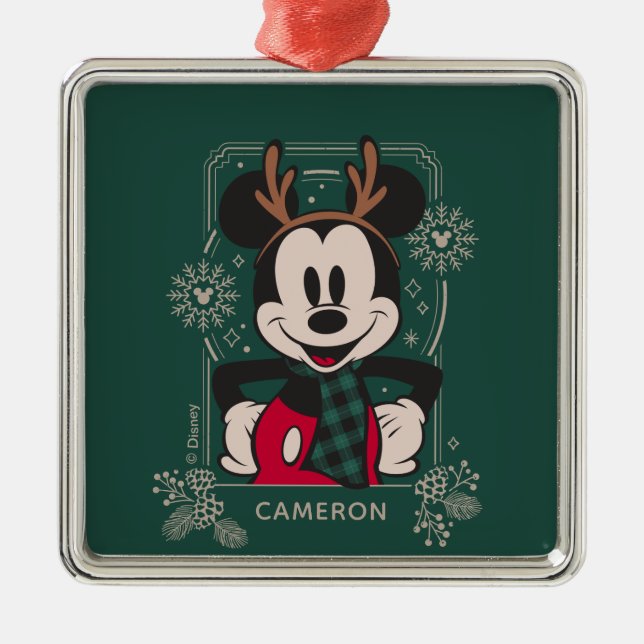 Christmas Mickey Mouse with Antlers Metal Ornament (Front)