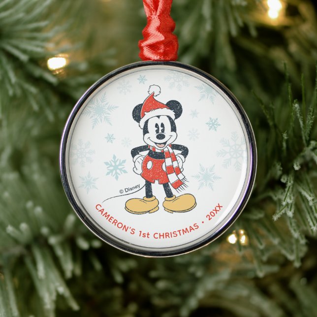 Christmas Mickey Mouse with Santa Hat  Metal Ornament (Tree)