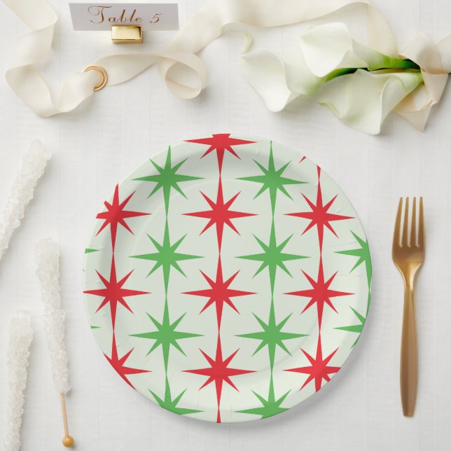 Christmas Mid Century Red Green Atomic Starbursts  Paper Plates (Wedding)