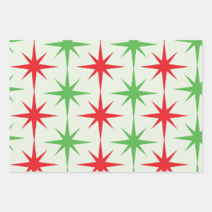 Christmas Mid Century Red Green Atomic Starbursts Wrapping Paper Sheets