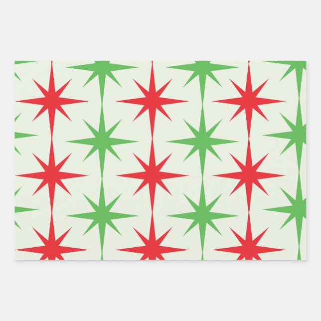 Christmas Mid Century Red Green Atomic Starbursts  Wrapping Paper Sheets (Front)