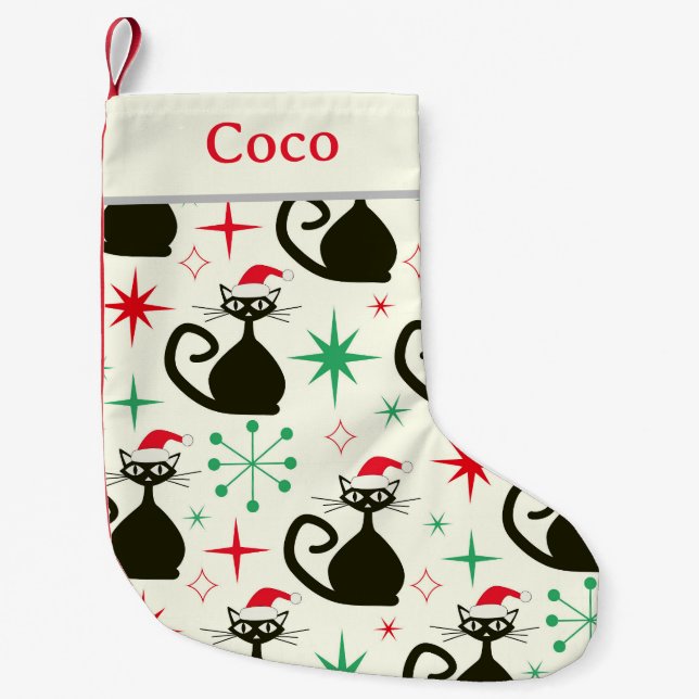Christmas Mid Century Retro Atomic Cats Name  Small Christmas Stocking (Front)