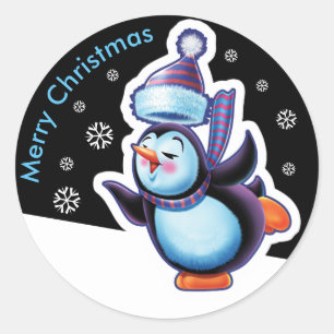 Christmas midnight round sticker Penguin skating.