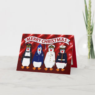 Christmas Military Penguins 4 Branches Uniforms C Card