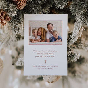 Christmas Minimalism Rose Gold Cross and Photo Holiday Card