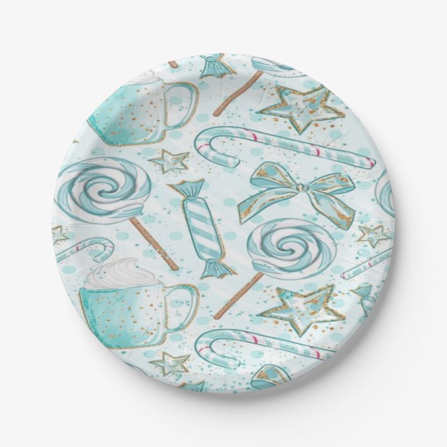Christmas Mint and Gold Hot Cocoa Candy Paper Plates (Front)