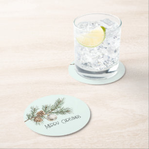 Christmas Mint Pine Cones Branch and Ornament Round Paper Coaster