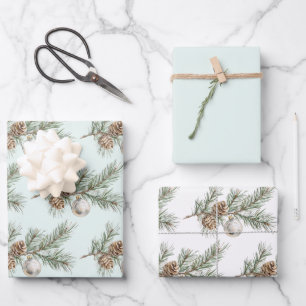 Christmas Mint Pine Cones Branch Ornament Wrapping Paper Sheets