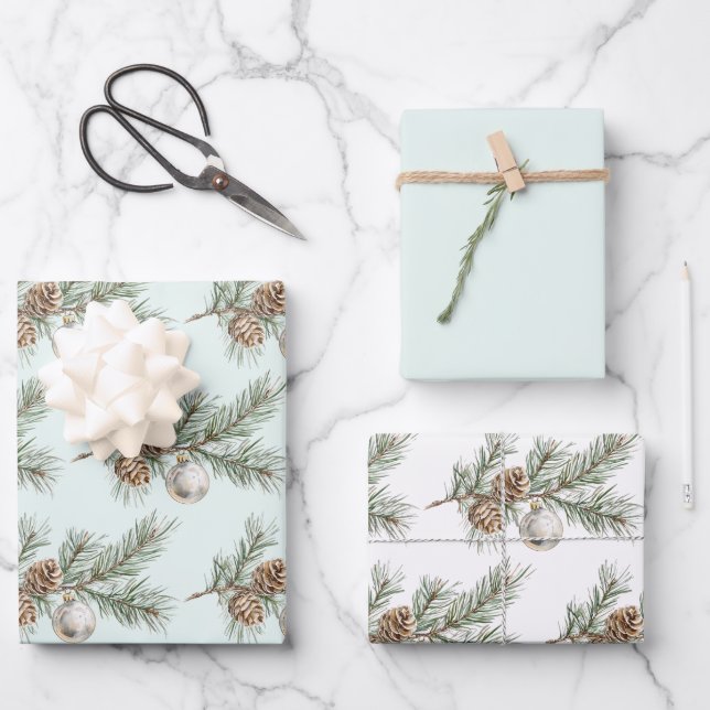 Christmas Mint Pine Cones Branch Ornament Wrapping Paper Sheets (Front)
