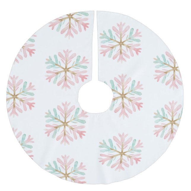 Christmas Mint Pink Snowflakes on White Brushed Polyester Tree Skirt (Front)