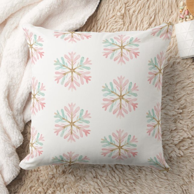 Christmas Mint Pink Snowflakes on White Throw Pillow (Blanket)