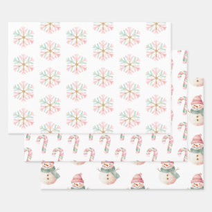 Christmas Mint Pink White Snowflakes Candy Snowman Wrapping Paper Sheets