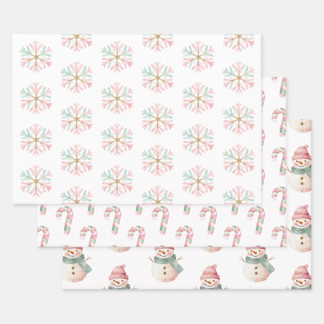 Christmas Mint Pink White Snowflakes Candy Snowman Wrapping Paper Sheets (Set)