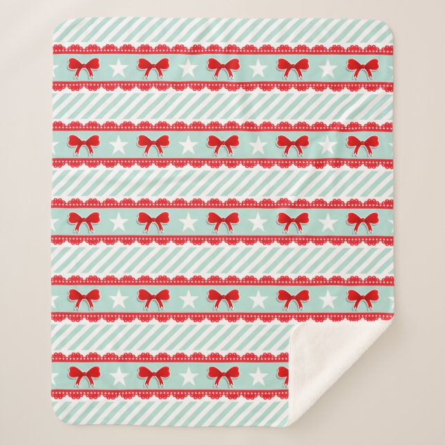 Christmas Mint Stripes Red Bows Stars Pattern Sherpa Blanket (Front)
