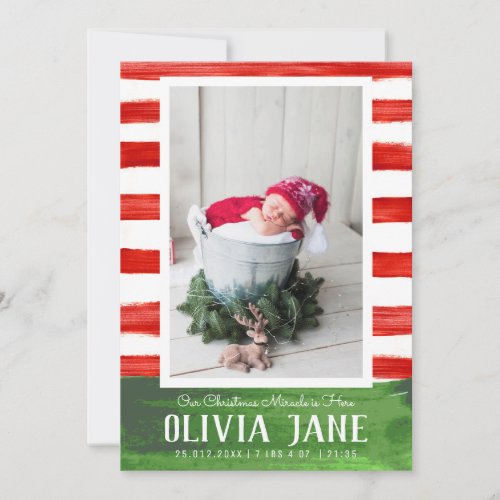 Christmas Miracle 3 Photo Red Green Stripe Birth Announcement