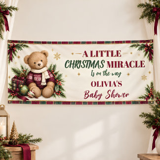Christmas Miracle Teddy Bear Burgundy Plaid Banner