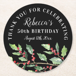 Christmas Mistletoe 50th Birthday Thank You Favor Round Paper Coaster