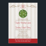 CHRISTMAS MISTLETOE COUPLES WEDDING SHOWER INVITATION<br><div class="desc">Cute and fanciful, sweet and romantic mistletoe couples wedding shower invitations for the groom and bride to be with a kissing ball and pomander decorated with festive mistletoe leaves, white berries and gold ornaments hung with a red bow. Pretty scroll flourishes and a cream striped and delicate polka dot pattern...</div>