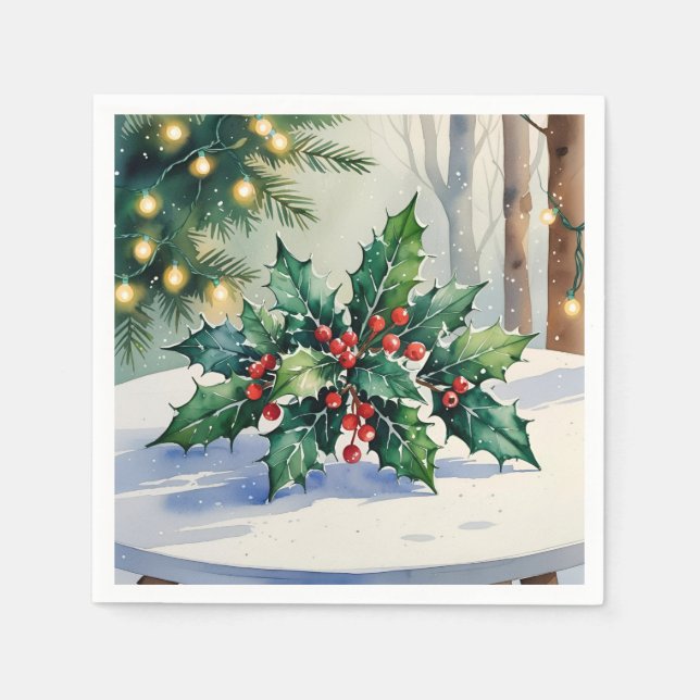 Christmas Mistletoe Holiday Watercolor Napkins (Front)