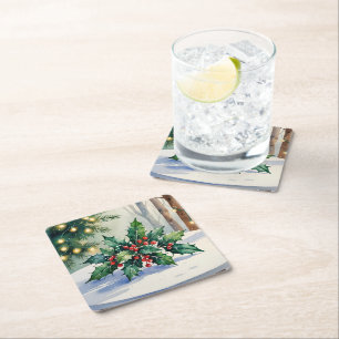 Christmas Mistletoe Holiday Watercolor Square Paper Coaster