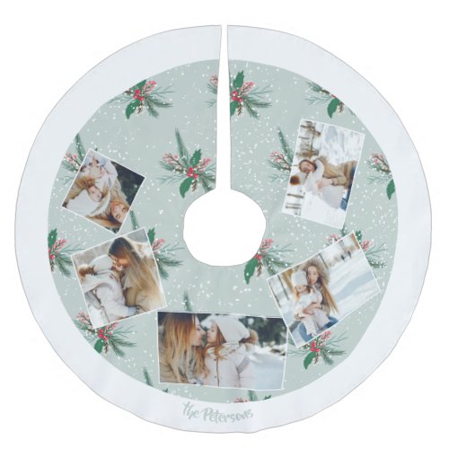 Christmas mistletoe ice blue 5 photo grid name brushed polyester tree skirt