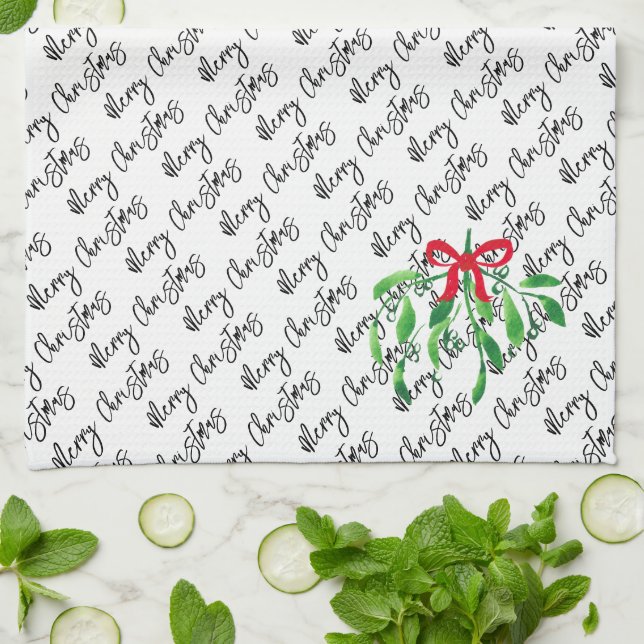 Christmas Mistletoe Kiss NAME Festive Holiday Fun Kitchen Towel (Folded)