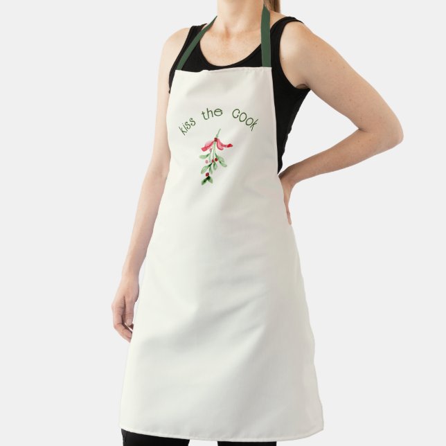 Christmas Mistletoe Kiss the Cook Black Apron (Insitu)