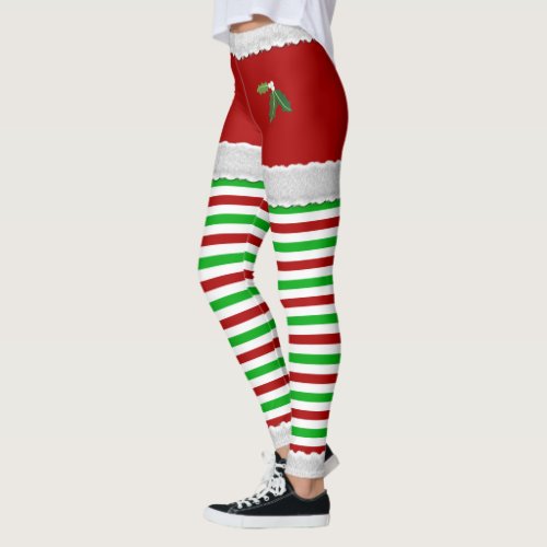 Christmas Mistletoe Leggings - Festive Santa shorts with mistletoe and green and red stripes leggings.