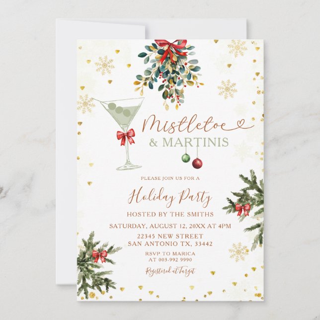 Christmas Mistletoe & Martini Gold Bridal Shower Invitation (Front)