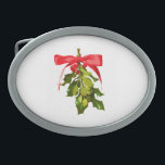 christmas mistletoe oval belt buckle<br><div class="desc">red ribbon on green mistletoe</div>