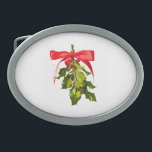 christmas mistletoe oval belt buckle<br><div class="desc">red ribbon on green mistletoe</div>