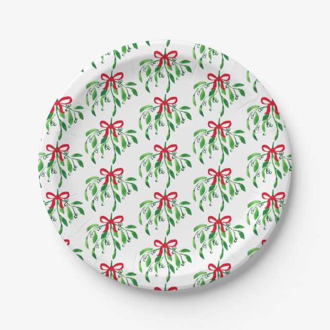 Christmas Mistletoe Pattern Festive Holiday Party Paper Plates (Front)