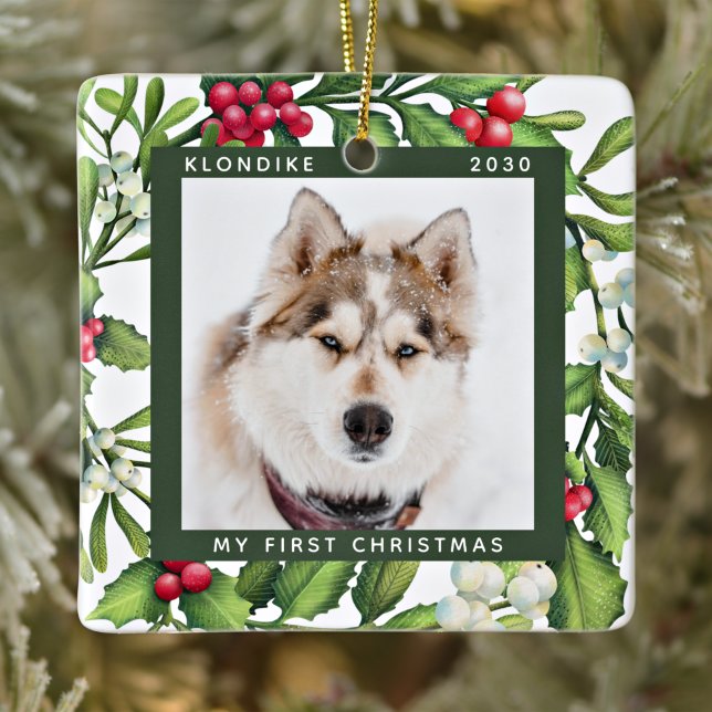 Christmas Mistletoe Personalized Pet Dog Photo Ceramic Ornament (Creator Uploaded)