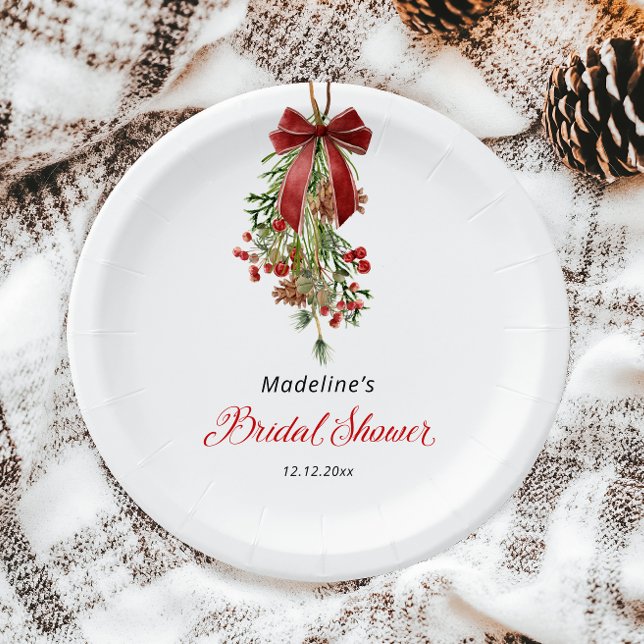 Christmas Mistletoe Red Bow Bridal Shower Paper Plates (Creator Uploaded)