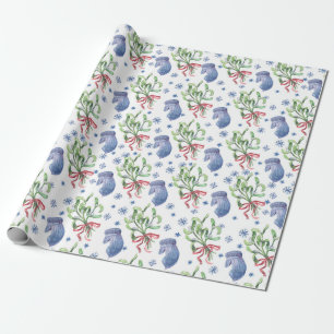 Christmas Mistletoe, Snowflakes, Mittens - White Wrapping Paper