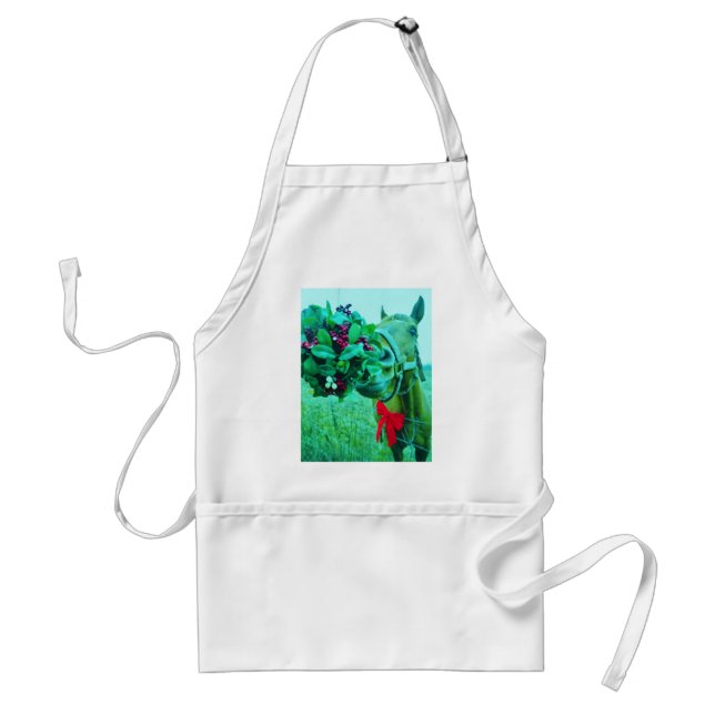 Christmas Mistletoe Teal Horse Adult Apron (Front)