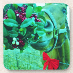 Christmas Mistletoe Teal Horse Beverage Coaster